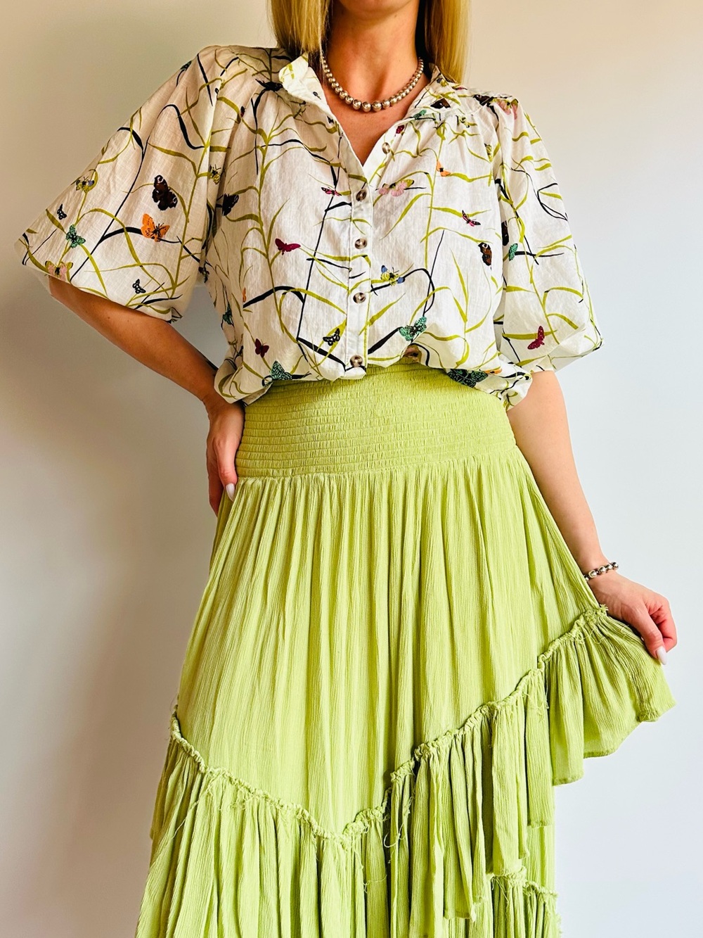 Anthropologie Maeve Butterfly Floral Boho Cotton Puff Sleeve Collared Blouse Top - Picture 2 of 10